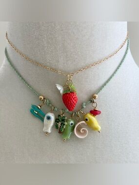 Beach Charm Necklace set with Red Strawberry Pendant